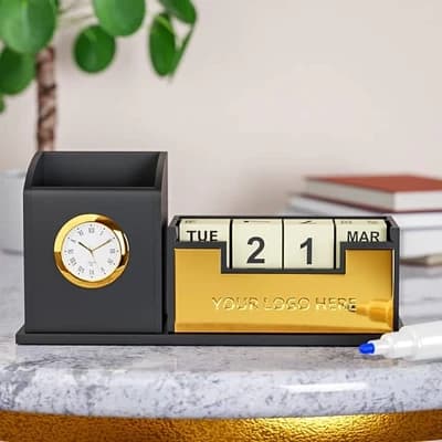 Gold Plated Mobile & Stationary Holder with Clock & Calendar