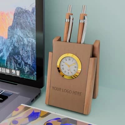 Wooden Pen Stand with Clock