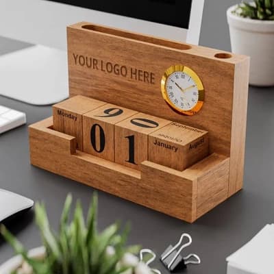 Wooden Phone & Pen Holder With Calendar & Clock