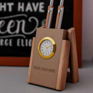custom wooden pen stand with clock