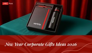 New Year Corporate gift for 2026 from ARC Print with a black branded notebook, pen, and water bottle on a teal and red background.