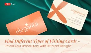 Flat lay showcasing different types of business cards, including plastic, edge-painted, square, and rounded-corner designs. Banner text: 