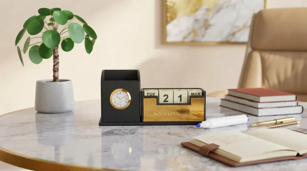 Gold Plated Mobile & Stationary Holder with Clock & Calendar